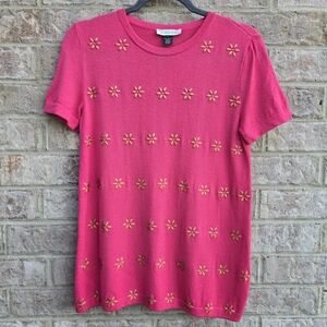 ST JOHN KNIT Collection Sport Coral Pink Floral Bejeweled Short Sleeve Knit Sz 4